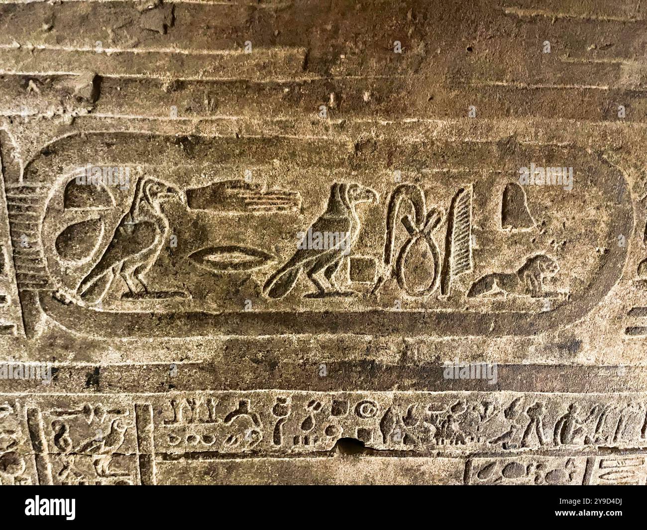 Edfu, Egitto; 17 gennaio 2024: L'intricato arazzo dei geroglifici che adornano le pareti del tempio di Edfu. Questi antichi simboli, ricchi di significato Foto Stock