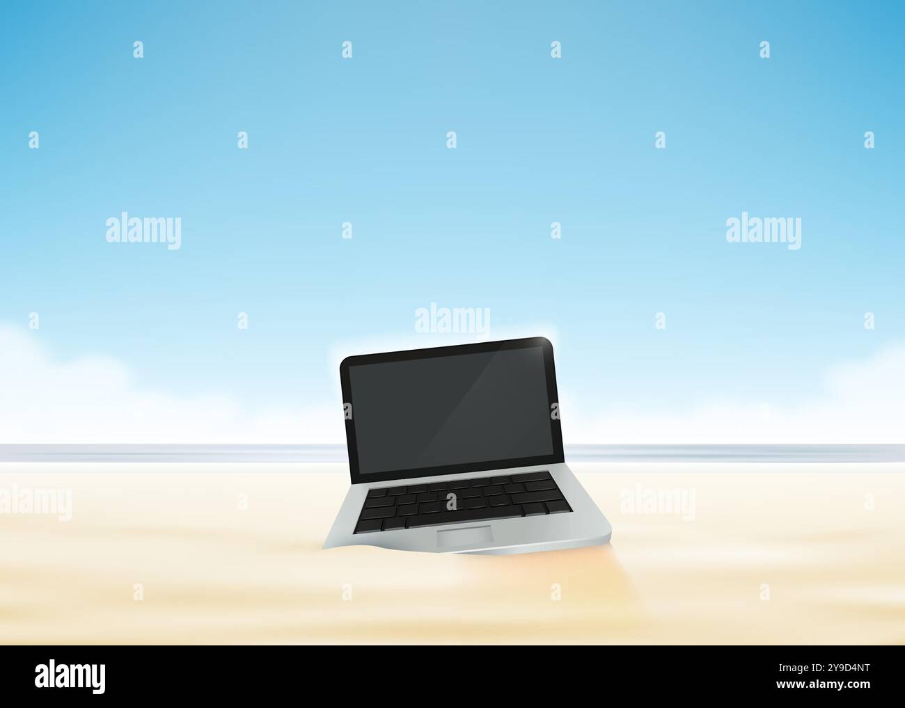 Computer portatile sulla sabbia della spiaggia. Illustrazione vettoriale. Illustrazione Vettoriale