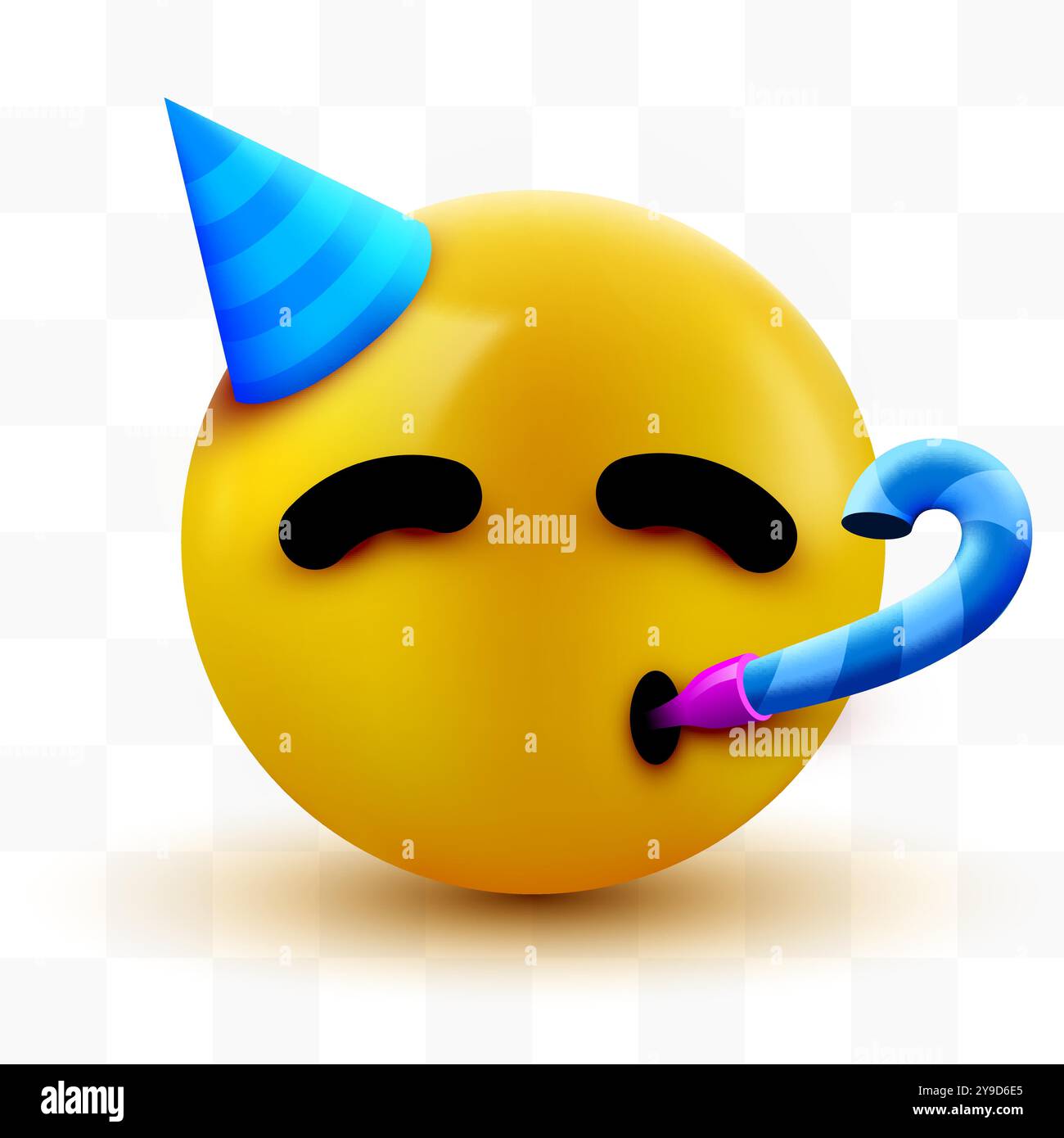 Emoji Party Face - faccia gialla con un cappello da festa che soffia e un corno da festa. Illustrazione vettoriale Illustrazione Vettoriale