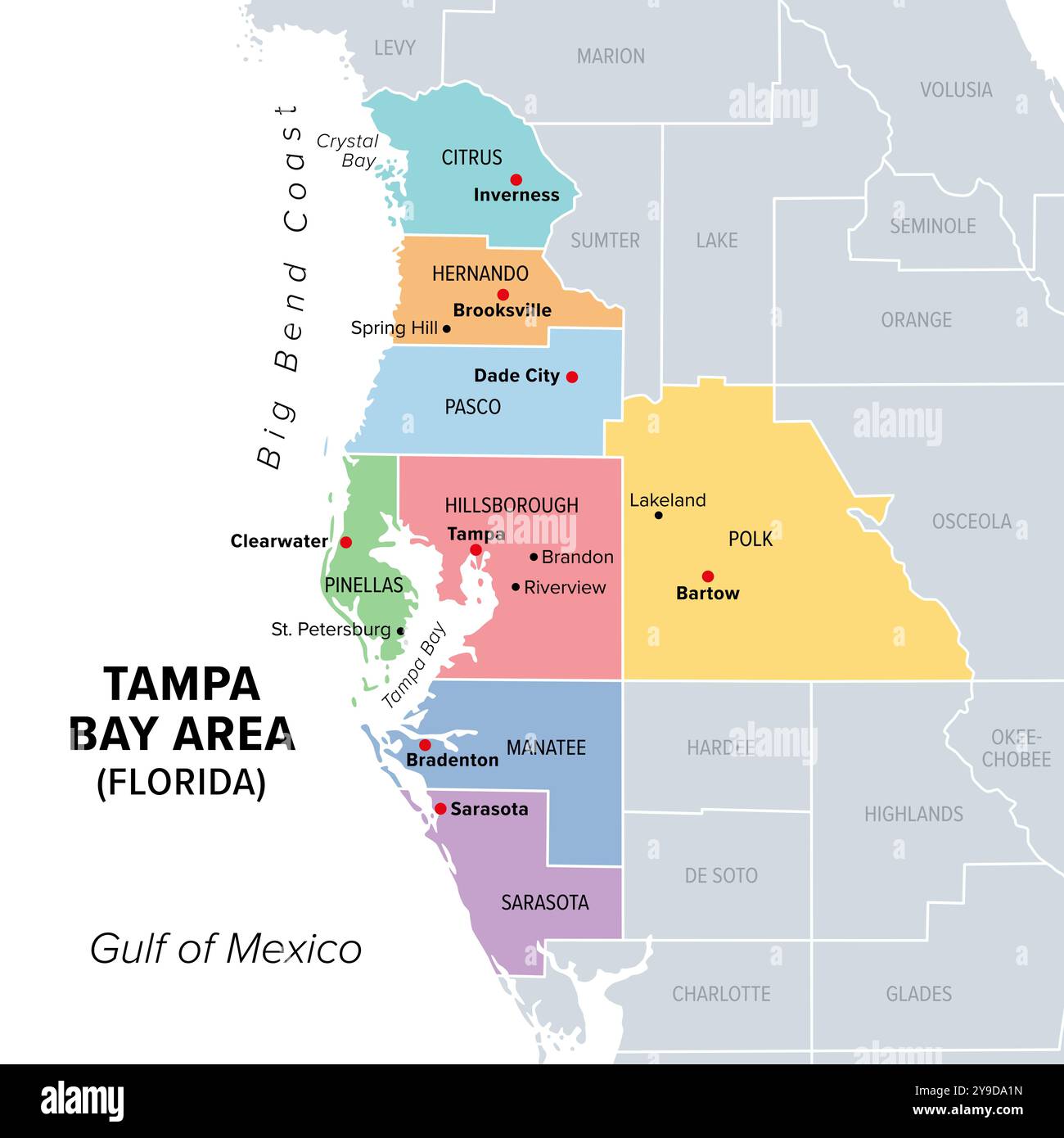 Area di Tampa Bay, Florida, Stati Uniti, mappa politica multicolore. La principale area metropolitana che circonda Tampa Bay sulla costa del Golfo della Florida. Foto Stock
