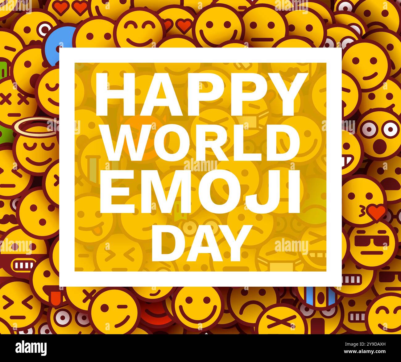 Felice giornata mondiale delle emoji. Biglietto d'auguri o banner. Emoji sorride la folla. Illustrazione vettoriale Illustrazione Vettoriale