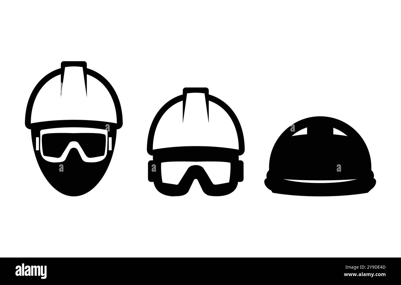 Questa grafica presenta tre design iconici del casco, che evidenziano la sicurezza e la protezione sul posto di lavoro. Perfetto per applicazioni industriali o di sicurezza- Illustrazione Vettoriale