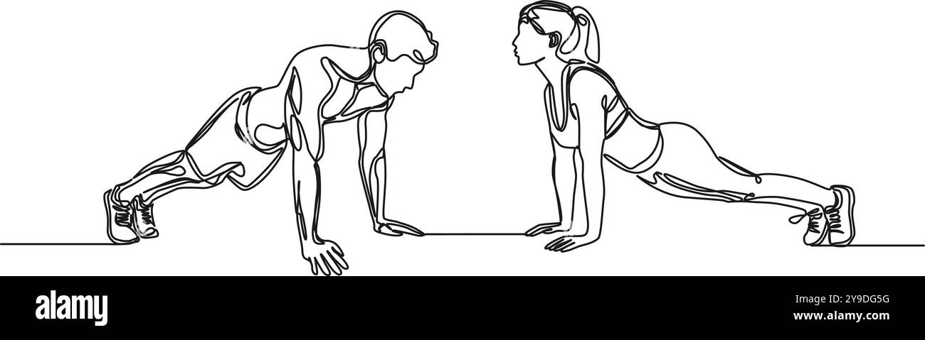 disegno continuo a linea singola di uomo e donna in forma che si esercitano insieme, illustrazione vettoriale line art Illustrazione Vettoriale