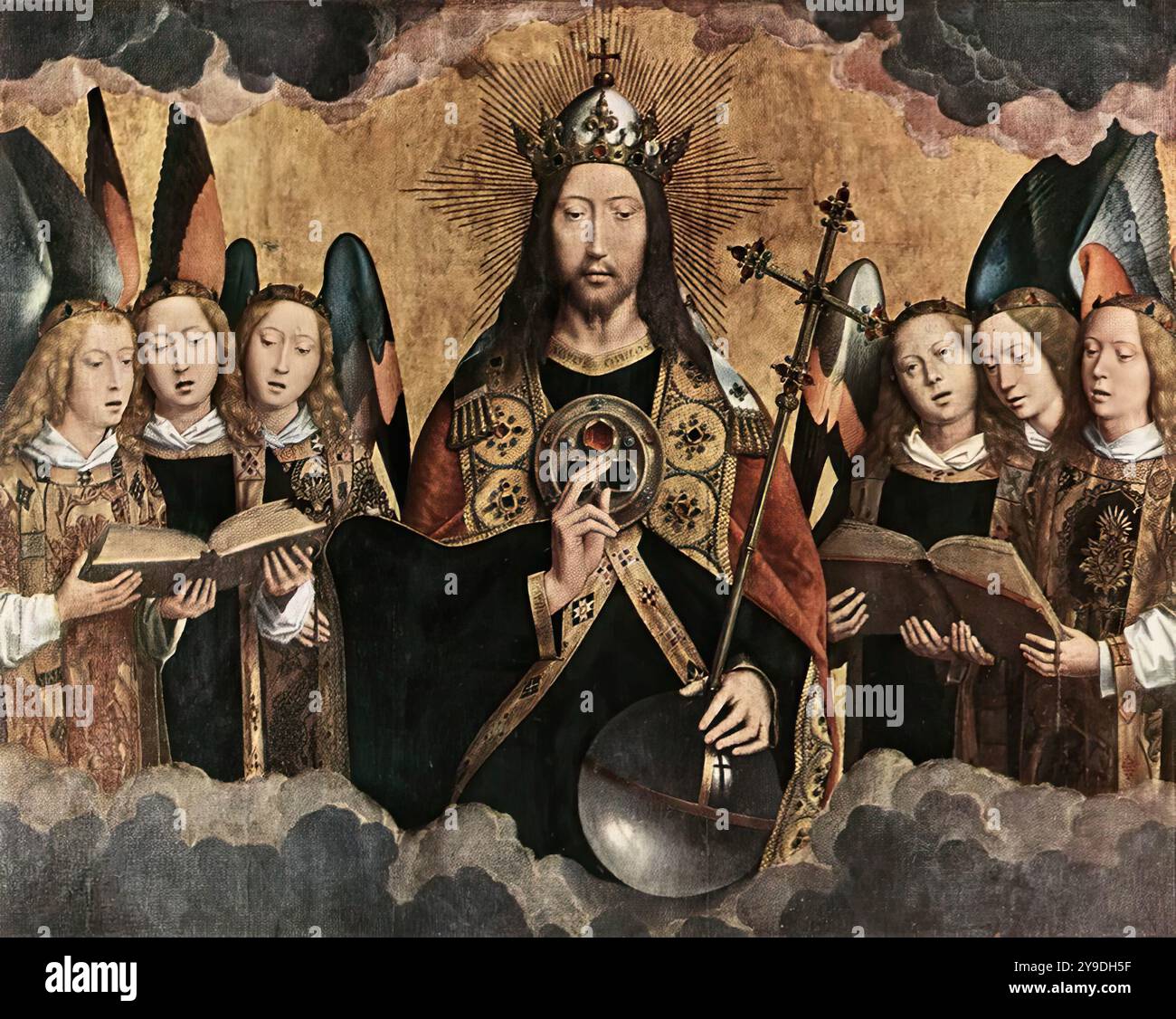 MEMLING, Hans (nato ca. 1440, Seligenstadt, d. 1494, Bruges) Cristo circondato dal musicista Angeli 1480 olio su legno, 164 x 212 cm Koninklijk Museum voor Schone Kunsten, Anversa la foto mostra il pannello centrale di un trittico che originariamente decorava i grandi organi della chiesa Santa Maria la Real a Najera, in Castiglia. Il pannello rappresenta il Cristo benedetto circondato da sei angeli cantanti. I pannelli laterali rappresentano altri due gruppi di angeli musicisti che accompagnano il coro. --- parole chiave: --------------- Autore: MEMLING, Hans titolo: Cristo circondato dal musicista Foto Stock