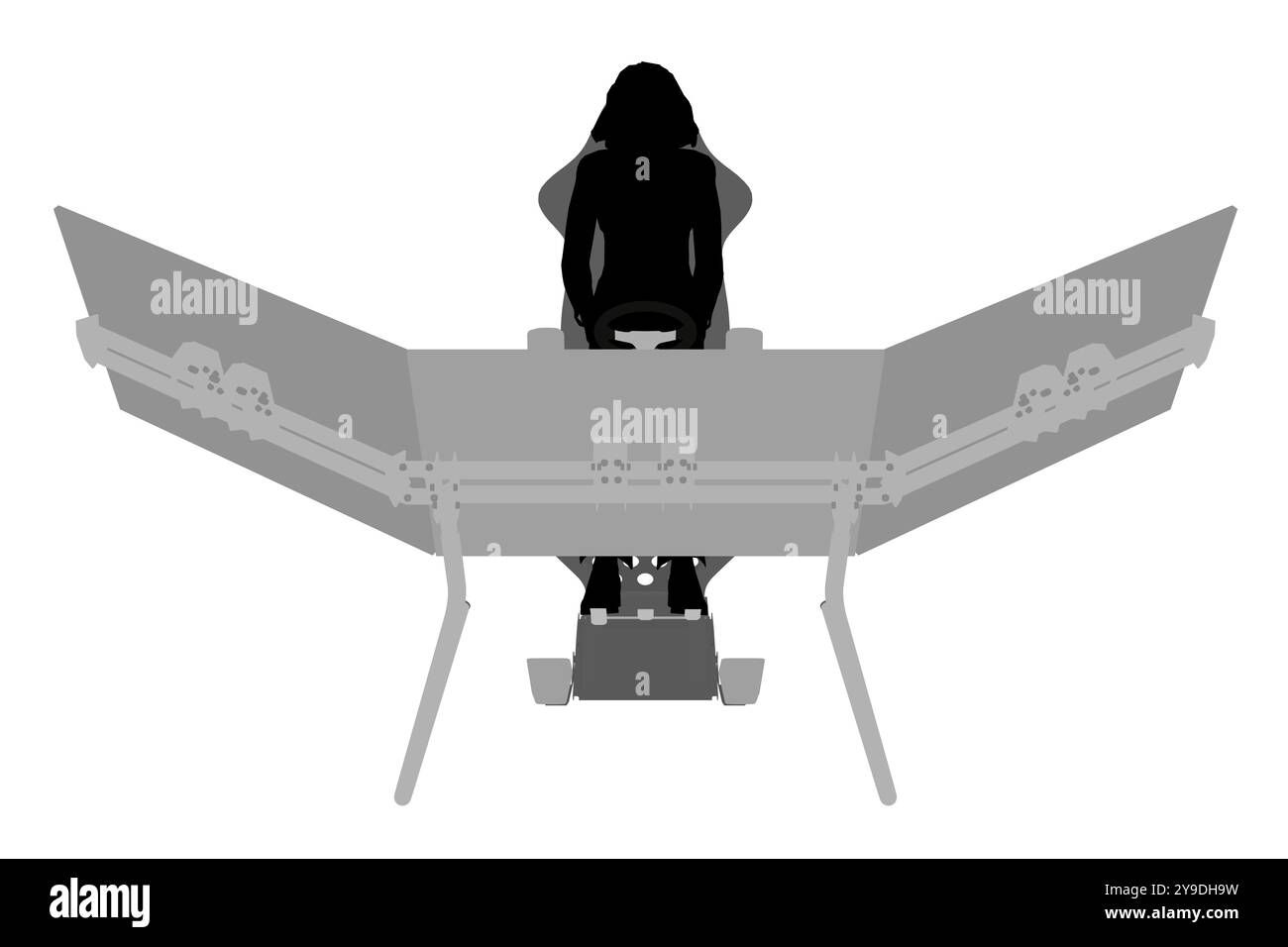 Silhouette di una ragazza seduta a un simulatore di gioco realistico con volante, pedali e tre monitor isolati su uno sfondo bianco. vi. Anteriore Illustrazione Vettoriale