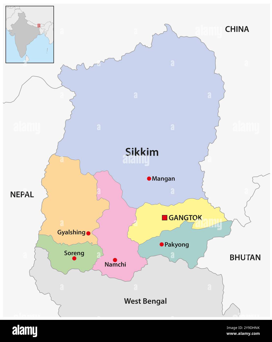 Mappa amministrativa dello stato indiano del Sikkim Foto Stock