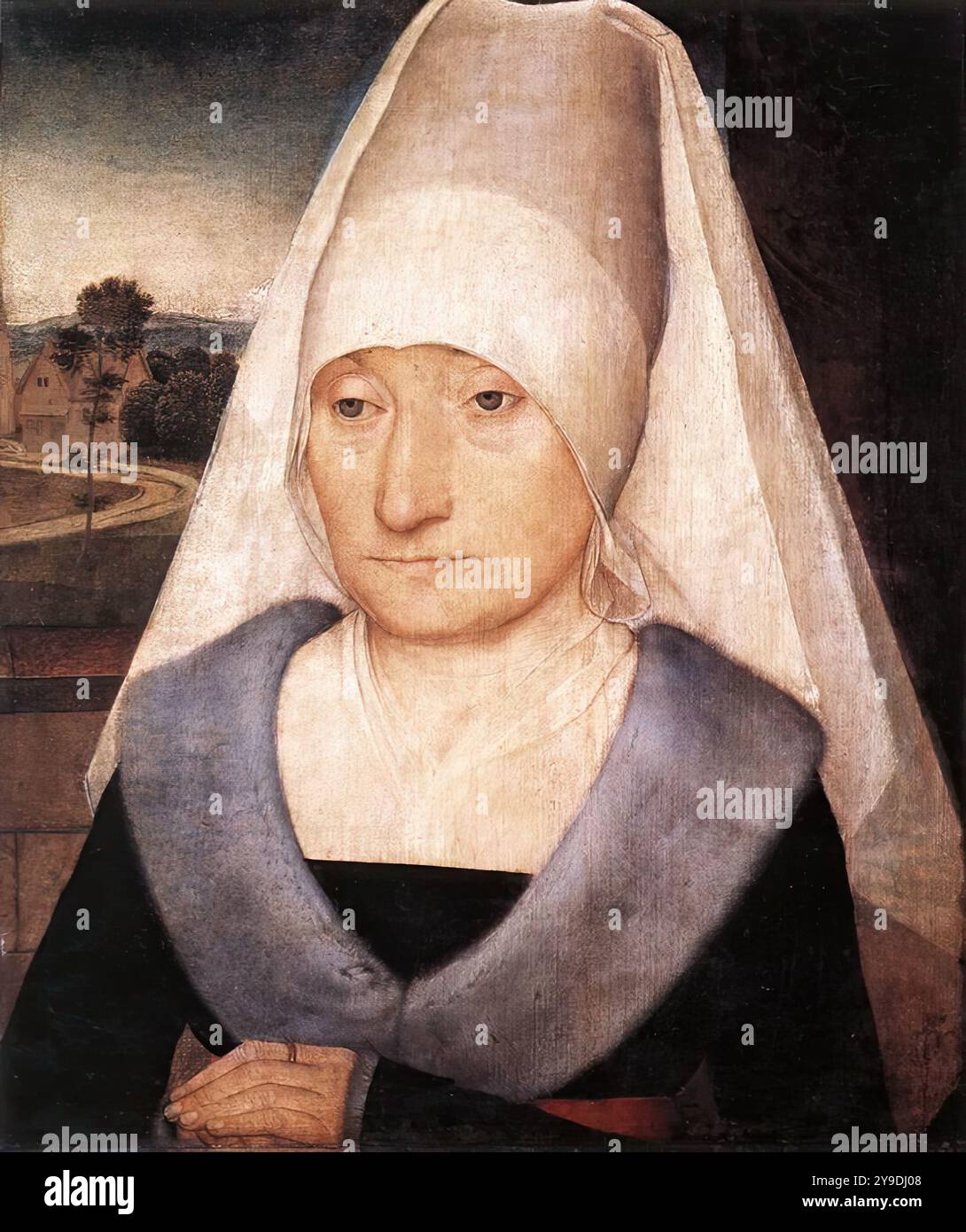 MEMLING, Hans (B. ca. 1440, Seligenstadt, d. 1494, Bruges) Ritratto di una vecchia donna 1470-75 olio su legno, 35 x 29 cm Musée du Louvre, Parigi Memling eccelleva nella ritrattistica: Aveva il dono di cercare profondamente nella realtà, come fece in questo ritratto del Louvre, in cui il volto si distingue davanti ad un paesaggio accuratamente dettagliato. Anche se piuttosto indossato in luoghi, questo dipinto ha mantenuto la sua armonia di bianchi e grigi. Il pezzo di accompagnamento del dipinto, Ritratto di un vecchio, si trova nello Staatliche Museen di Berlino. --- parole chiave: --------------- Autore: MEMLING, Hans Foto Stock