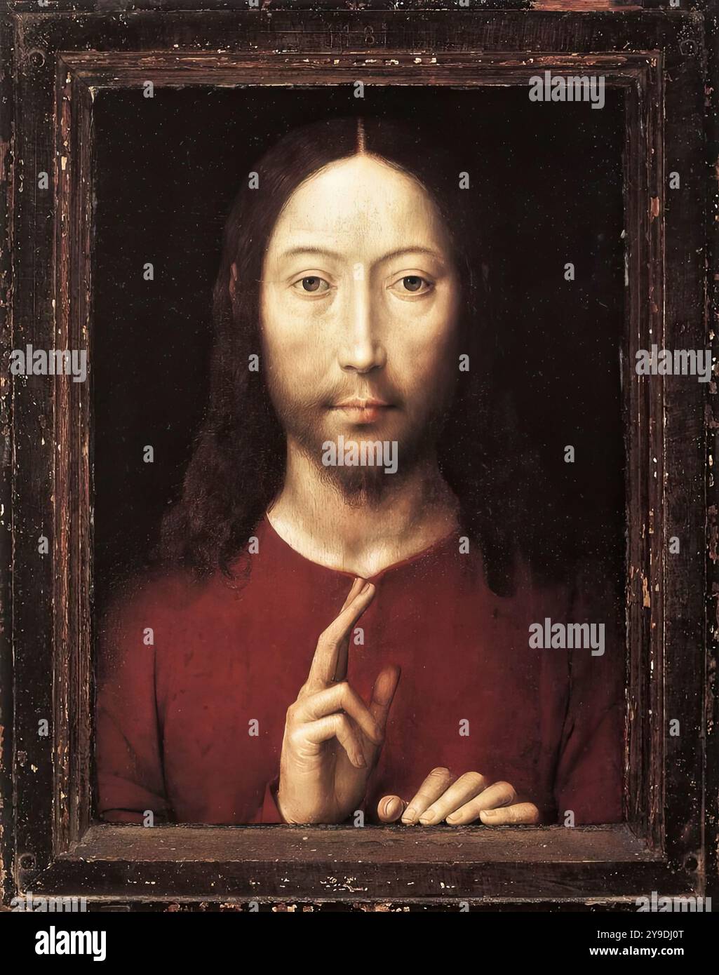 MEMLING, Hans (B. ca. 1440, Seligenstadt, d. 1494, Bruges) Cristo che dà la sua benedizione 1481 olio su pannello di quercia, 34,8 x 26,2 cm Museo di Belle Arti, Boston questo dipinto è una ripresa con leggere variazioni del Cristo Pasadena, che risale al 1478. Anche lo sfondo scuro di questo dipinto sarà stato originariamente di colore verde-bluastro e la veste non è marrone scuro ma rosso. Anche se prodotta in seguito, questa versione è tipologicamente più vicina al prototipo di Rogier van der Weyden sul trittico di Jean de Braque (Parigi, Louvre). La figura è più sottile e più ascetica di quella di Pasad Foto Stock