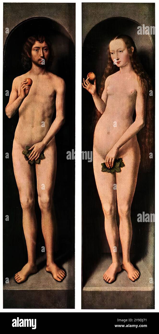 MEMLING, Hans (c. 1440, Seligenstadt, d. 1494, Bruges) Adamo ed Eva c. 1485 olio su rovere, 69,3 x 17,3 cm (ciascuno) Kunsthistorisches Museum, Vienna le due immagini si trovano sul retro delle ali laterali di un piccolo trittico, possono essere viste quando l'altare è chiuso. A cielo aperto il trittico rappresenta la Madonna in trono con Santi, in un contesto architettonico. --- parole chiave: --------------- Autore: MEMLING, Hans titolo: Adamo ed Eva Time-line: 1451-1500 Scuola: Fiamminga forma: Pittura tipo: Religioso Foto Stock