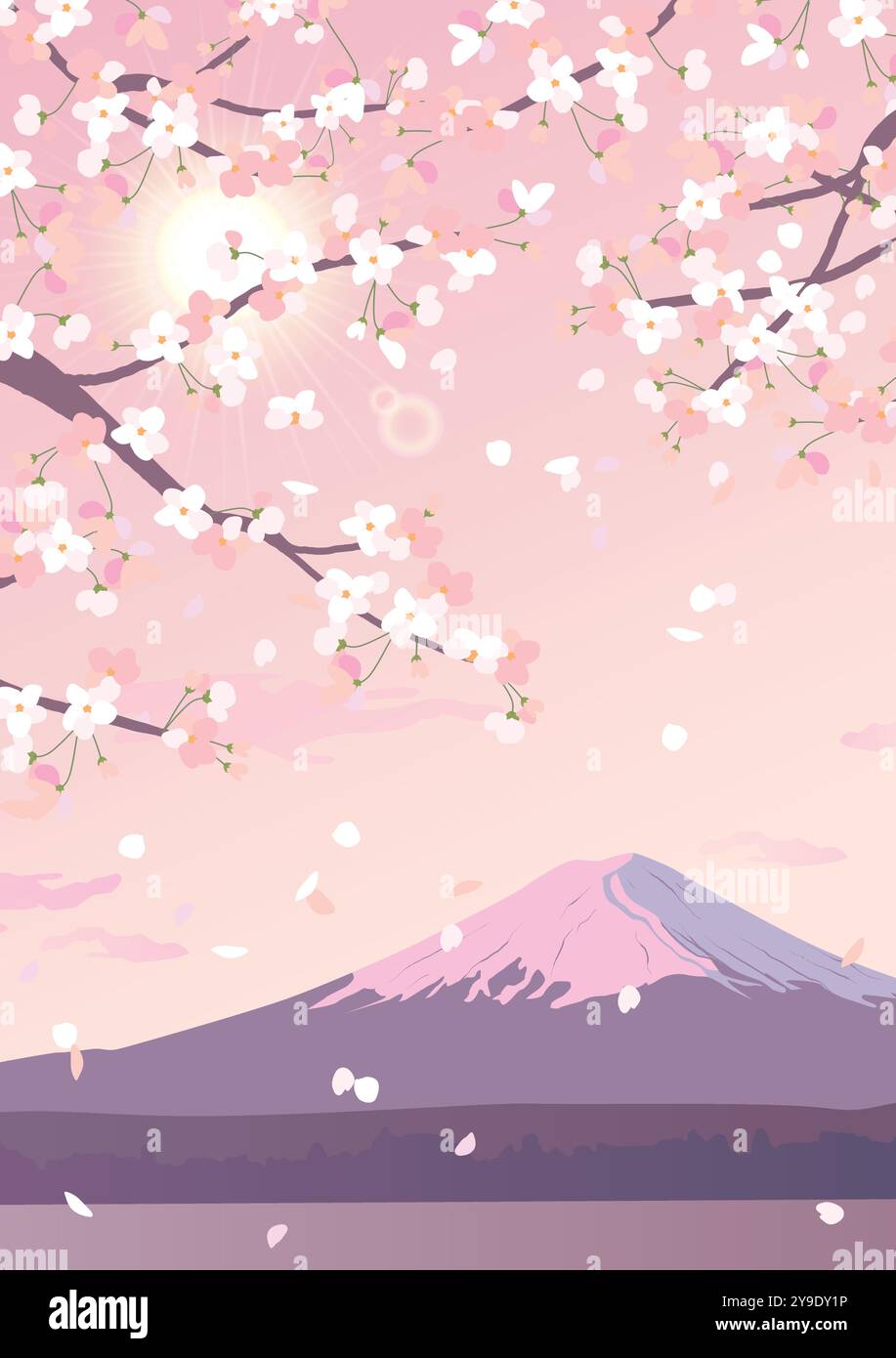 Ramo fiorito di ciliegi in fiore sullo sfondo del monte Fuji. Una cima innevata alla luce del sole. Illustrazione vettoriale realistica della caduta di wh Illustrazione Vettoriale