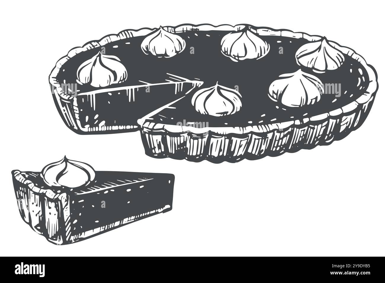 Torta di zucca autunnale con panna montata. Cottura tradizionale al forno per il Ringraziamento e Halloween. Illustrazione vettoriale nello stile di schizzo a mano. Drag. Inchiostro line art Illustrazione Vettoriale