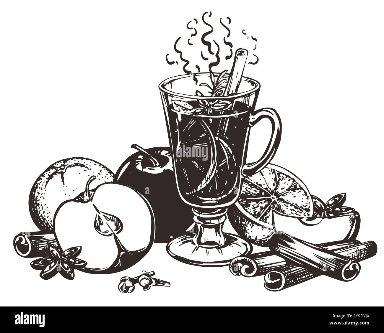 VIN brulé con stecca di cannella, anice stellato. Bicchiere con vino caldo, mele e arance. Illustrazione vettoriale disegnata a mano. Stile inciso di alcoho invernale Illustrazione Vettoriale