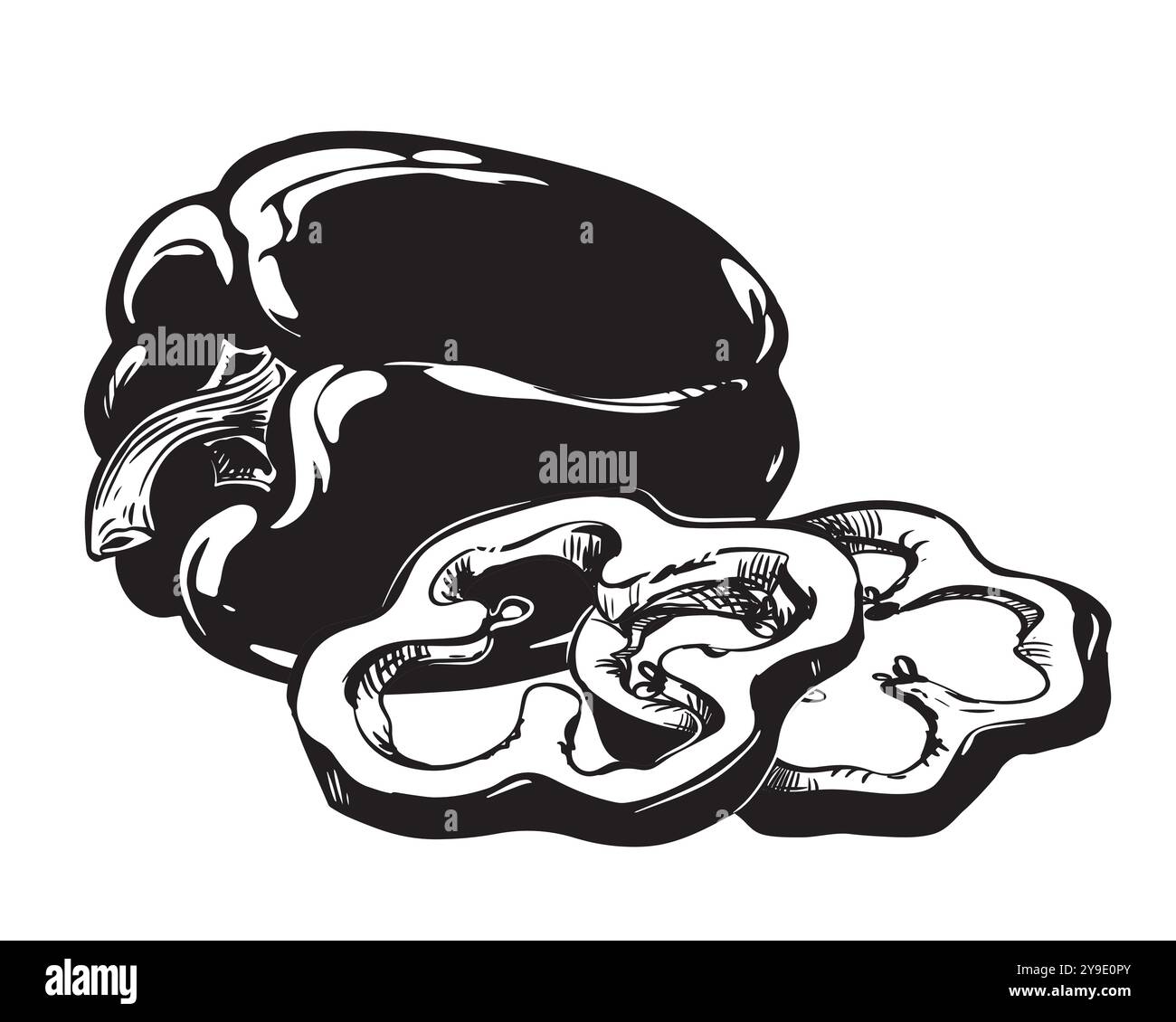 Illustrazione vettoriale della paprika matura. Verdure intere e fette giacciono sul tavolo. Disegno a inchiostro nero. Schizzo di stile incisione su sfondo bianco. Culin Illustrazione Vettoriale