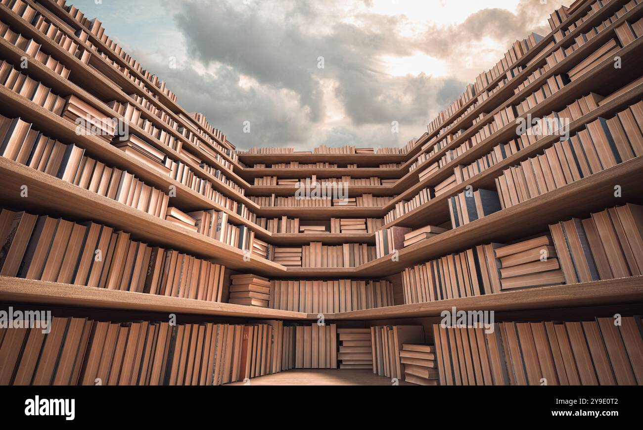 Riprese ad angolazione ridotta innumerevoli scaffali libri pieni cielo nuvoloso 3d. Foto Stock