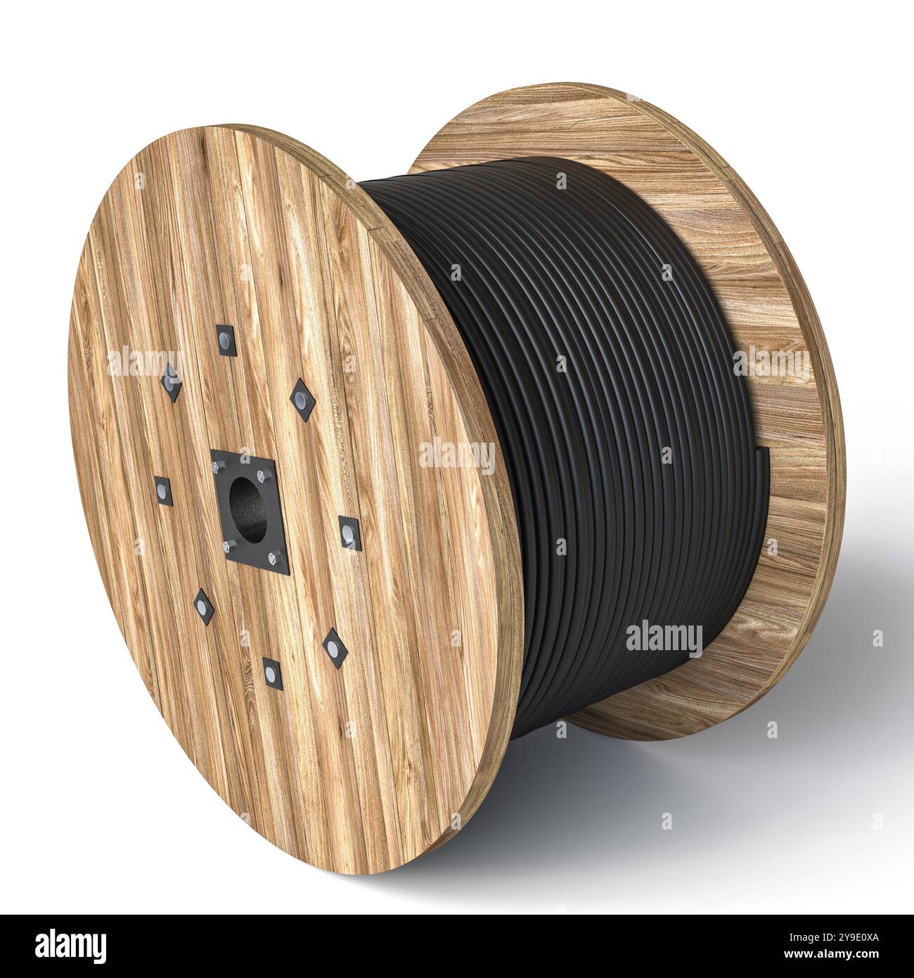 Avvolgicavo in legno per conservare filo elettrico nero sfondo bianco isolato 3d. Foto Stock