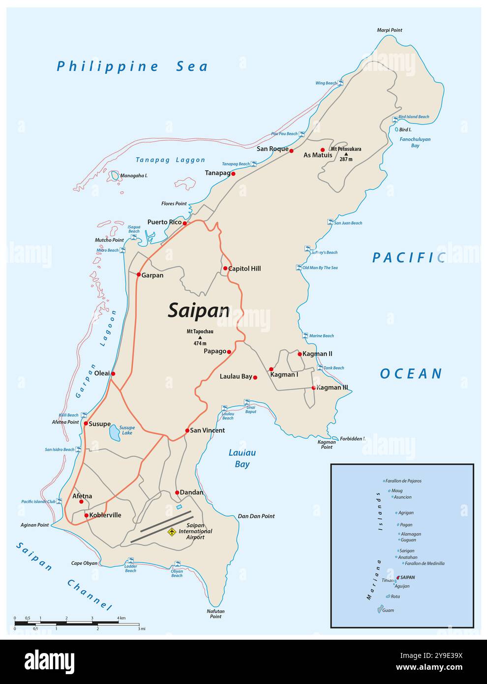 Mappa stradale dell'isola di Saipan, Isole Marianne Settentrionali, Stati Uniti Foto Stock