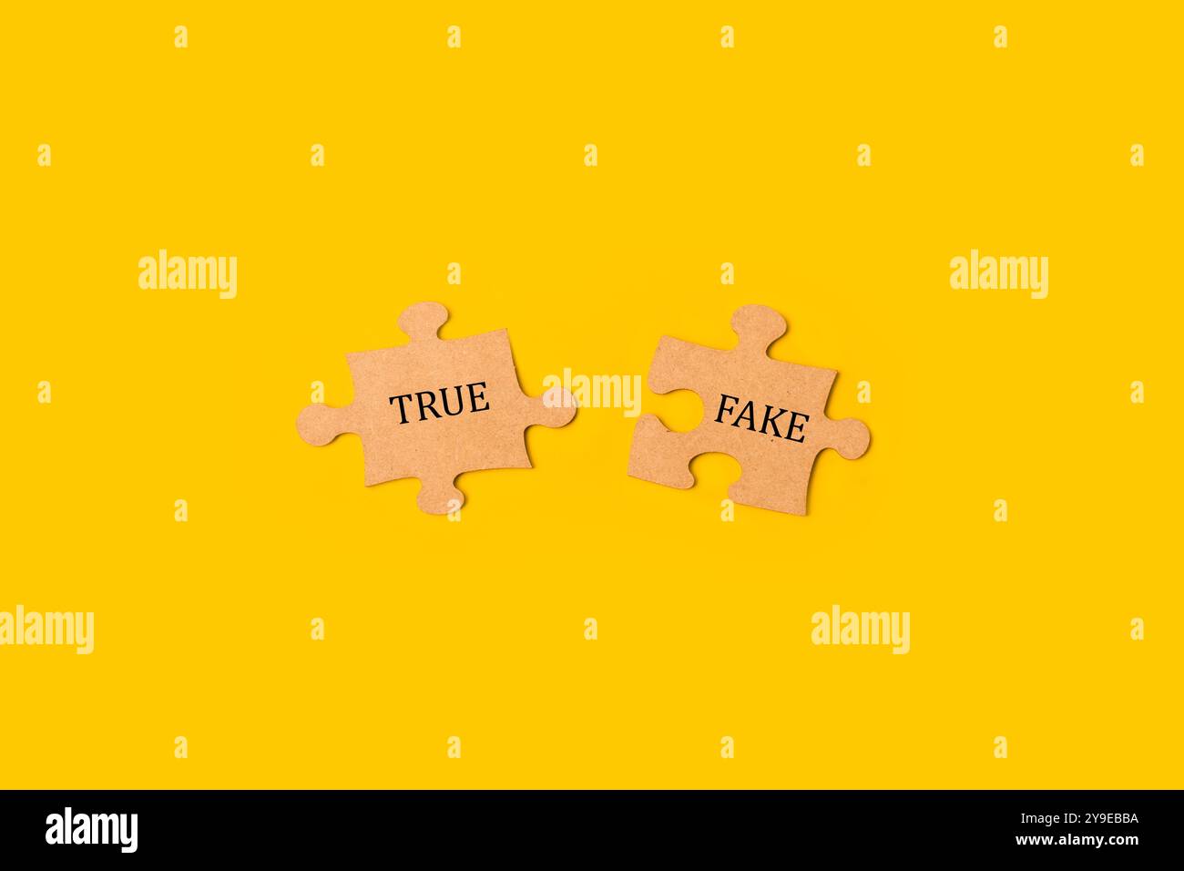 Parole vere e false scritte su pezzi marroni del puzzle su sfondo giallo con spazio di copia Foto Stock