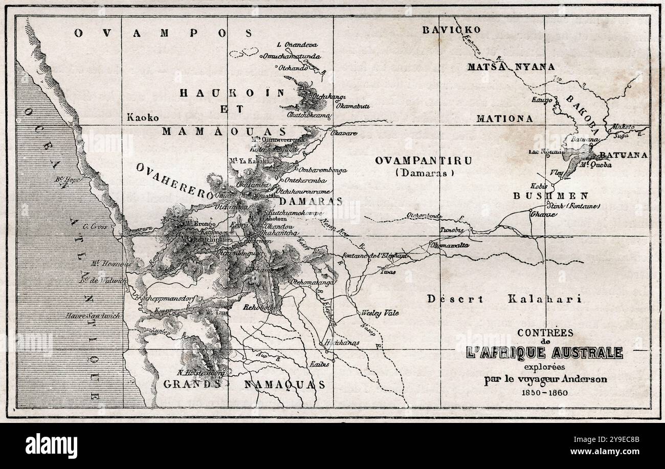 Mappa del Sudafrica, dalla spedizione di Charles John Andersson in Sudafrica, 1850 - 1860. Da le Tour du Monde, pubblicato Parigi, 1860. Foto Stock