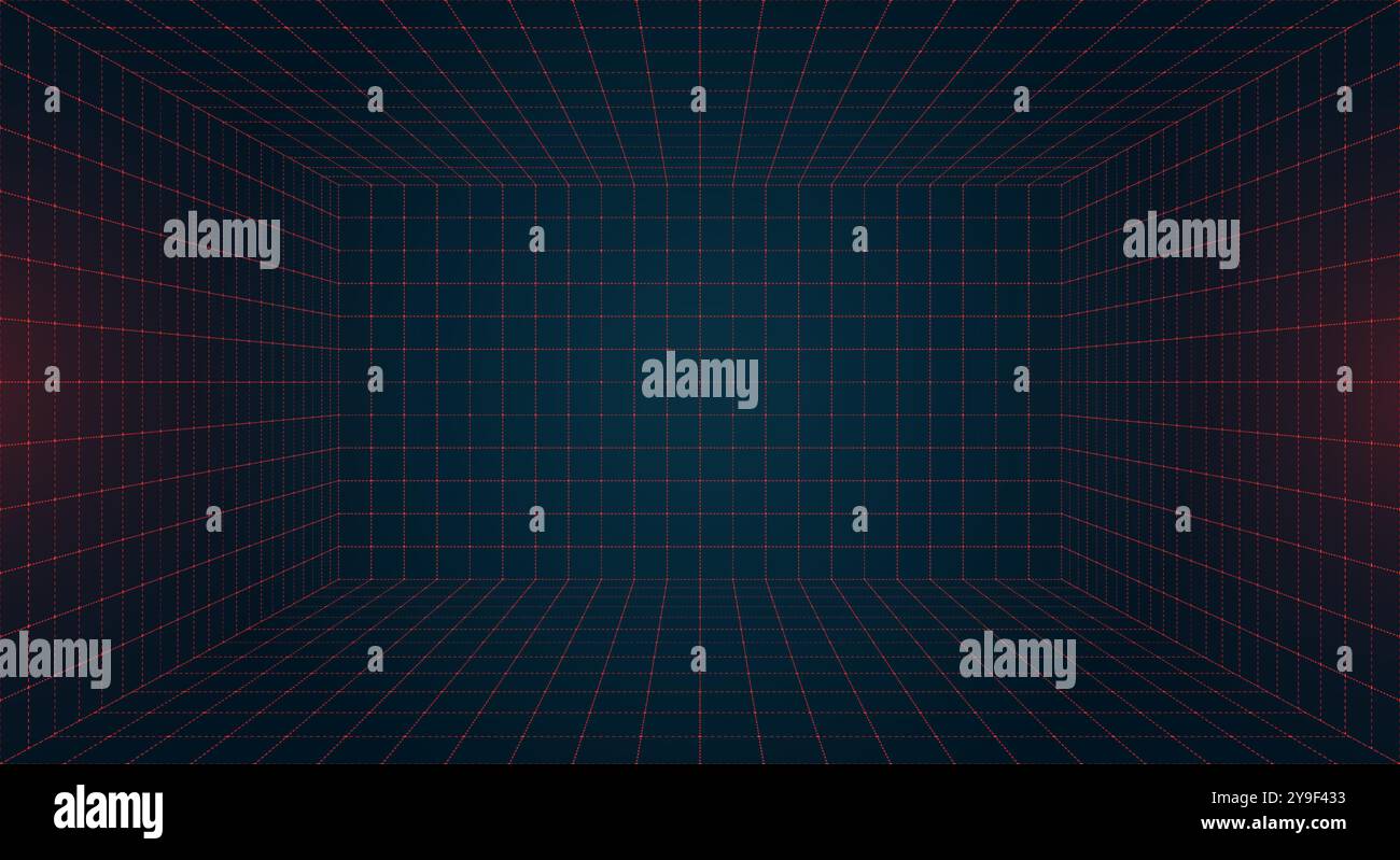 Griglia HUD con prospettiva futuristica con design astratto a reticolo. Griglia rossa con linee tratteggiate su sfondo blu scuro. Il panorama della realtà virtuale ha ispirato l'estetica digitale degli anni '80 e '90. Visuale del futuro retrò Illustrazione Vettoriale