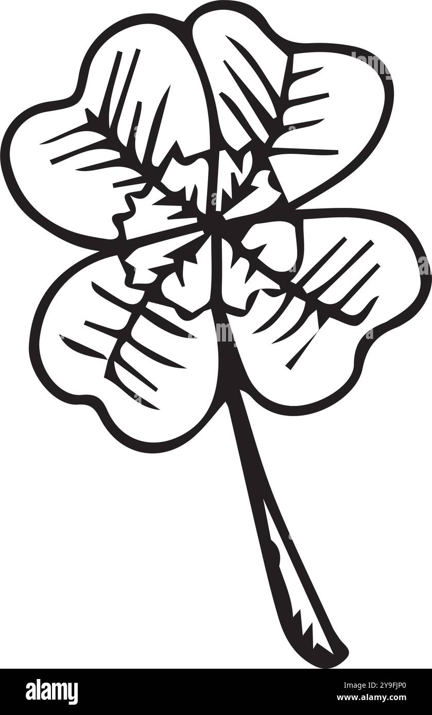 Una foglia di trifoglio disegnata a mano con inchiostro nero su sfondo bianco. L'illustrazione è adatta per il design, le cartoline e l'imballaggio Illustrazione Vettoriale