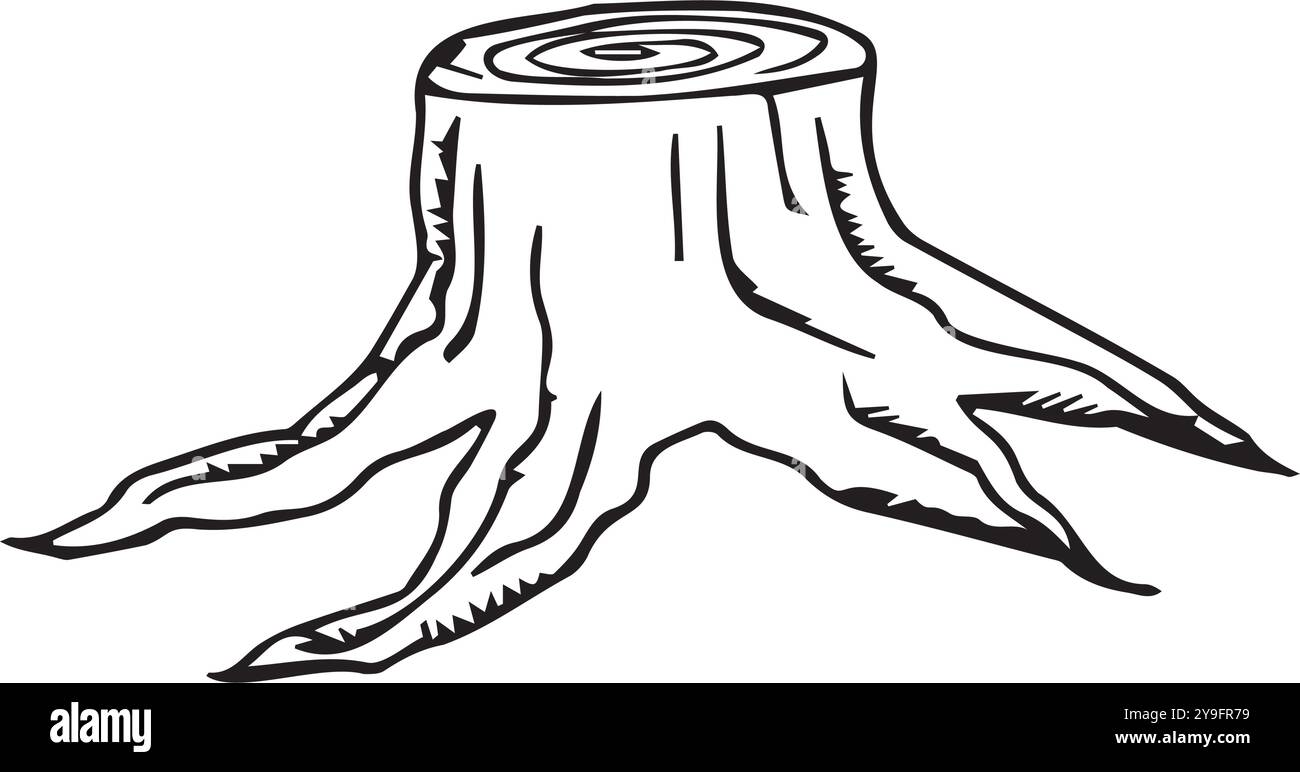 Un ceppo disegnato a mano con inchiostro nero su sfondo bianco. L'illustrazione è adatta per il design, le cartoline e l'imballaggio Illustrazione Vettoriale
