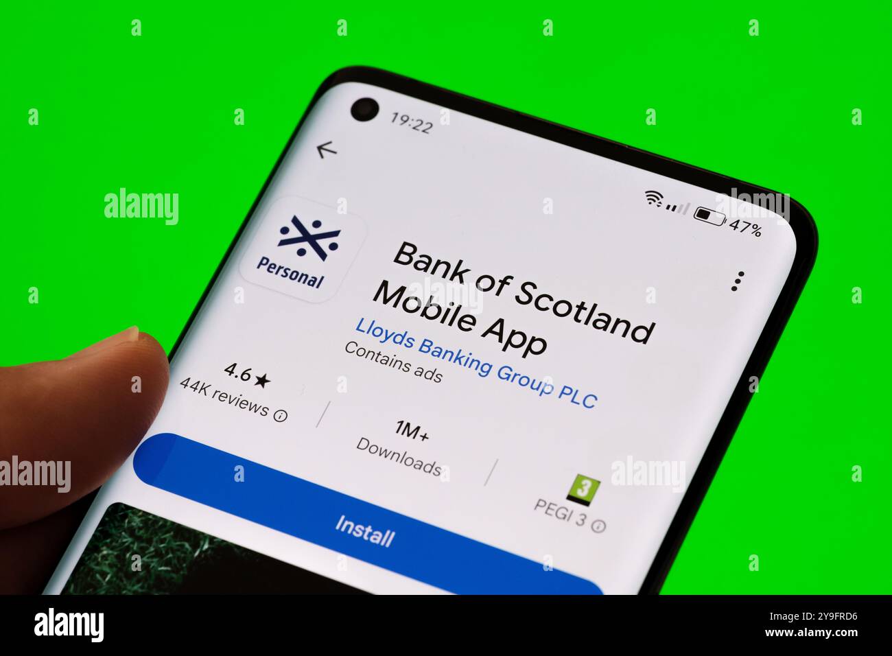 App mobile Bank of Scotland visualizzata sullo schermo di uno smartphone con oltre 1 milione di download e una valutazione di 4,6 stelle su Google Play Store. Stafford, Unite Foto Stock