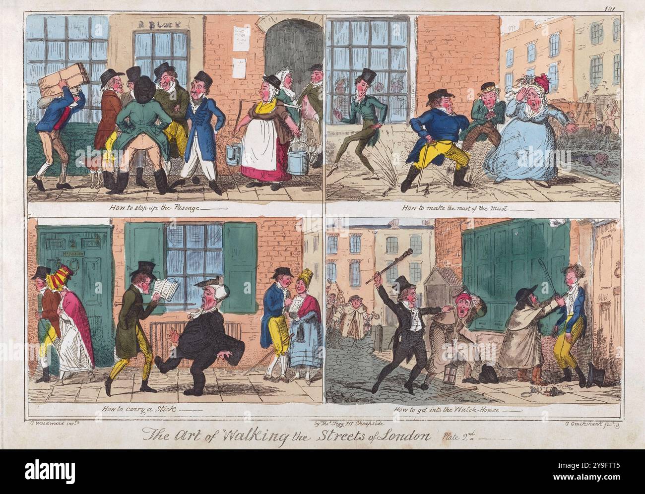 Una stampa umoristica incisione colorata dell'arte di camminare per le strade di Londra pubblicata da Thomas Tegg 1818 artista Thomas Woodward e George Cruikshank acquarello su carta caricature umane satira dell'era georgiana del XIX secolo Foto Stock