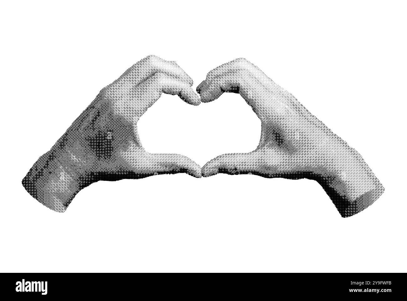 segno di cuore, gesto d'amore con la mano. Vettore stile mezzitoni isolato su sfondo bianco. Illustrazione Vettoriale