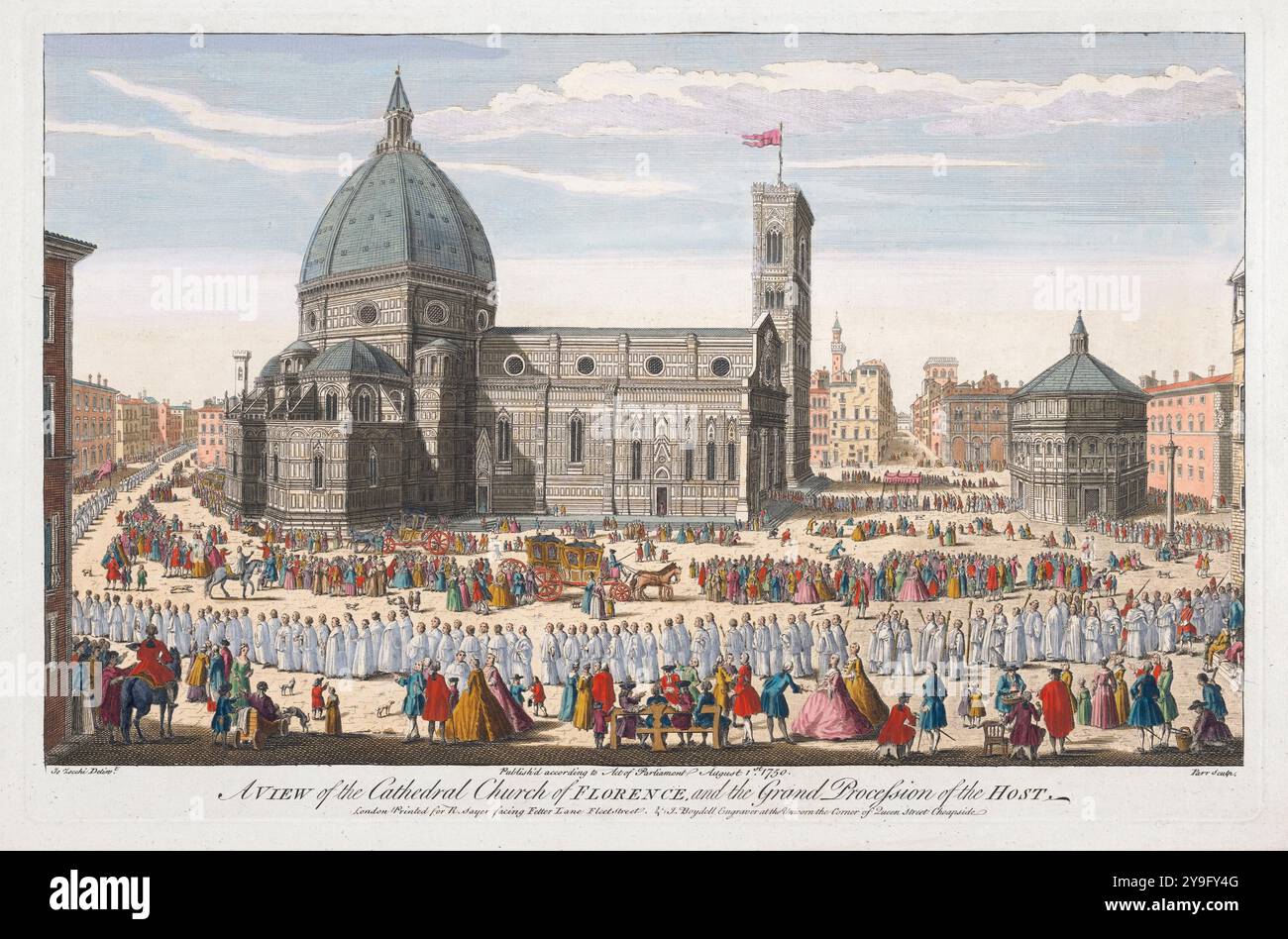 Un'incisione colorata a stampa di vista generale della Chiesa Cattedrale di Firenze Italia nel 1750 l'editore Robert Sayer skyline del XVIII secolo e paesaggio urbano prospettiva storica che incide acquerello vecchia stampa antica Foto Stock