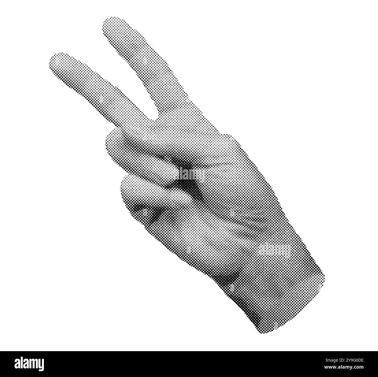 V per la vittoria, mano. Vettore stile mezzitoni isolato su sfondo bianco. Foto Stock