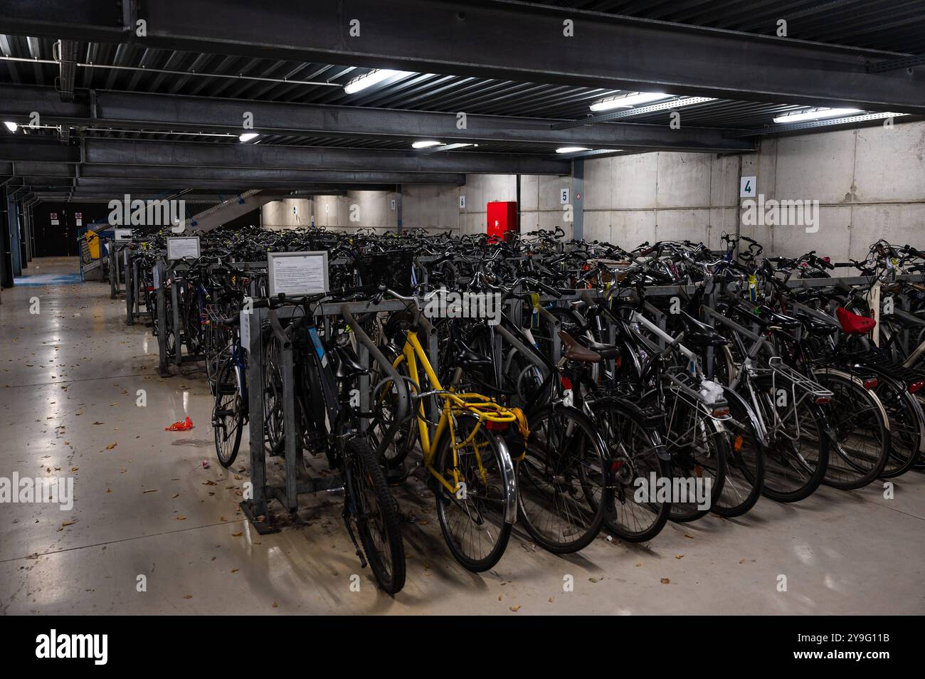 Fila di biciclette blu per l'ultimo miglio dopo il trasporto ferroviario ad Aalst, Fiandre Orientali, Belgio, 6 ottobre 2024 Foto Stock