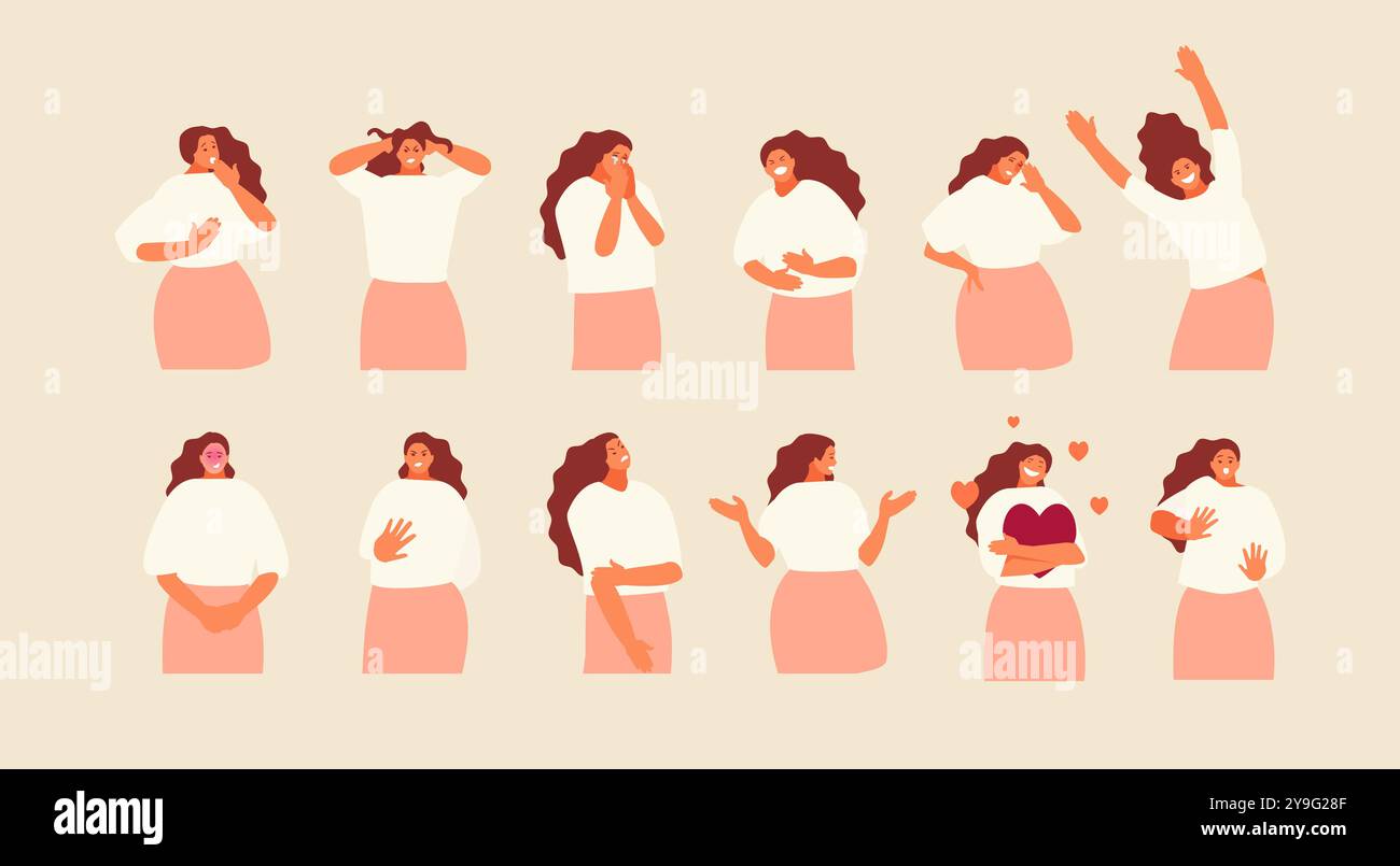 Imposta il personaggio femminile con emozioni e gesti diversi. Illustrazione vettoriale Illustrazione Vettoriale