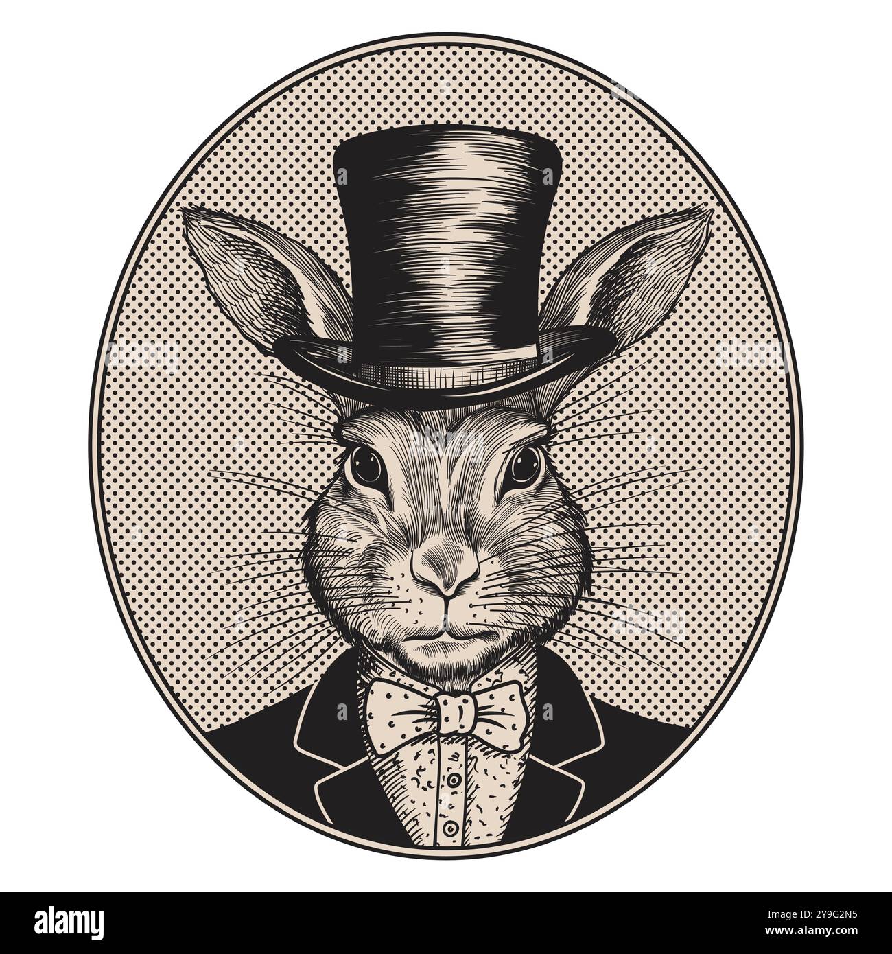 Ritratto di una lepre di coniglio in un completo con cravatta di fiocco e cappello sulla testa. Disegno stilizzato come un'incisione vintage. Illustrazione Vettoriale