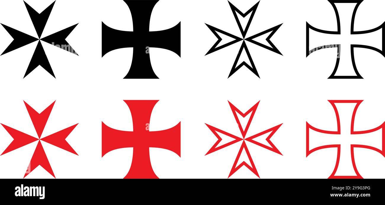 set di segni incrociati maltesi isolato. nero e rosso vari stili e forme . Illustrazione vettoriale Illustrazione Vettoriale
