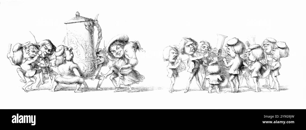 Richard Doyle - viaggio alla grande mostra - Baviera - figure che ballano intorno a un enorme stein di birra, vicino a una energica banda di ottoni - 1851 Foto Stock