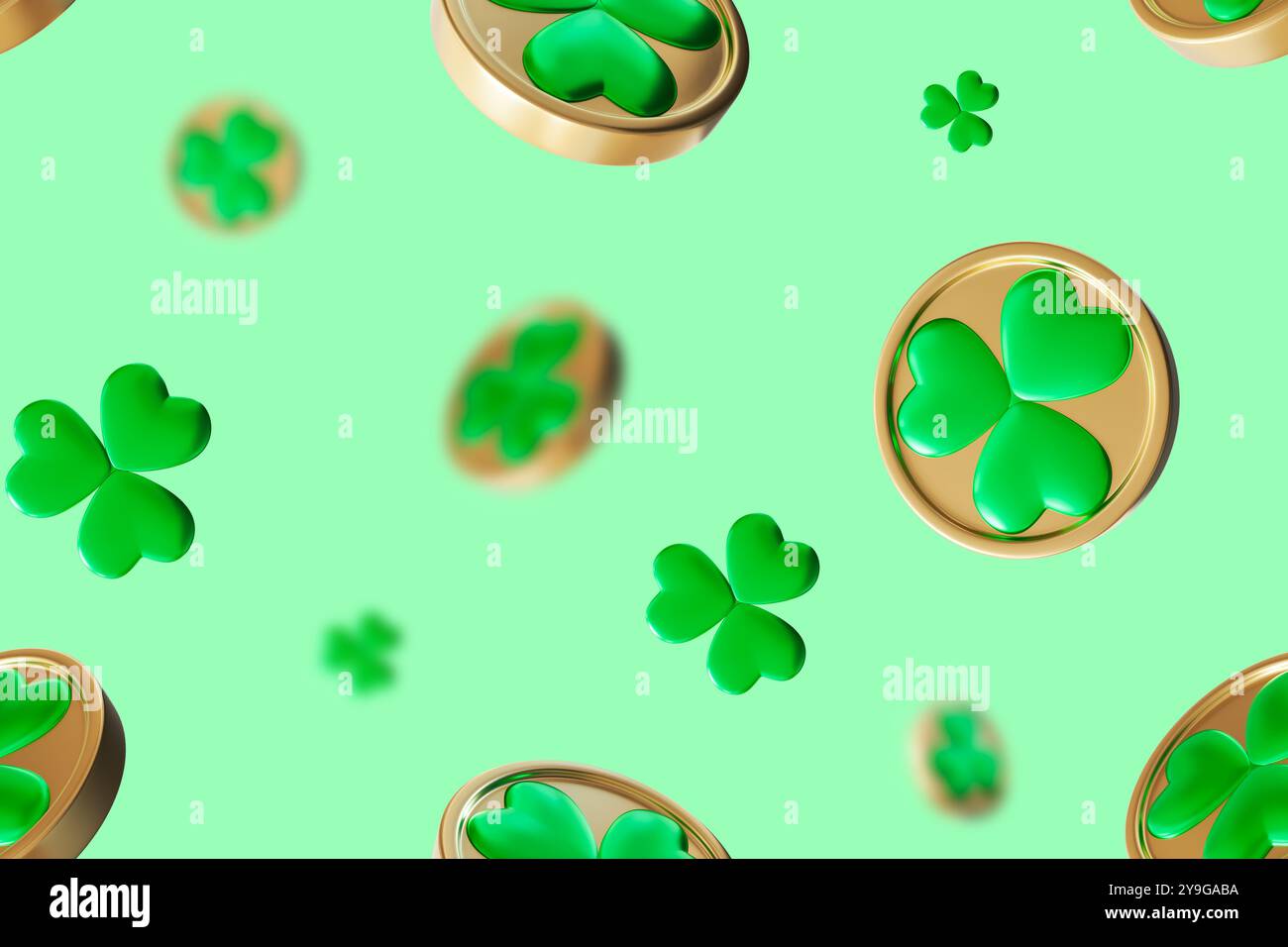 Motivo perfetto per il giorno di San Patrizio con trifoglio e shamrock. Il design ripetuto è festoso e vivace, ideale per creare decorazioni a tema natalizio Foto Stock