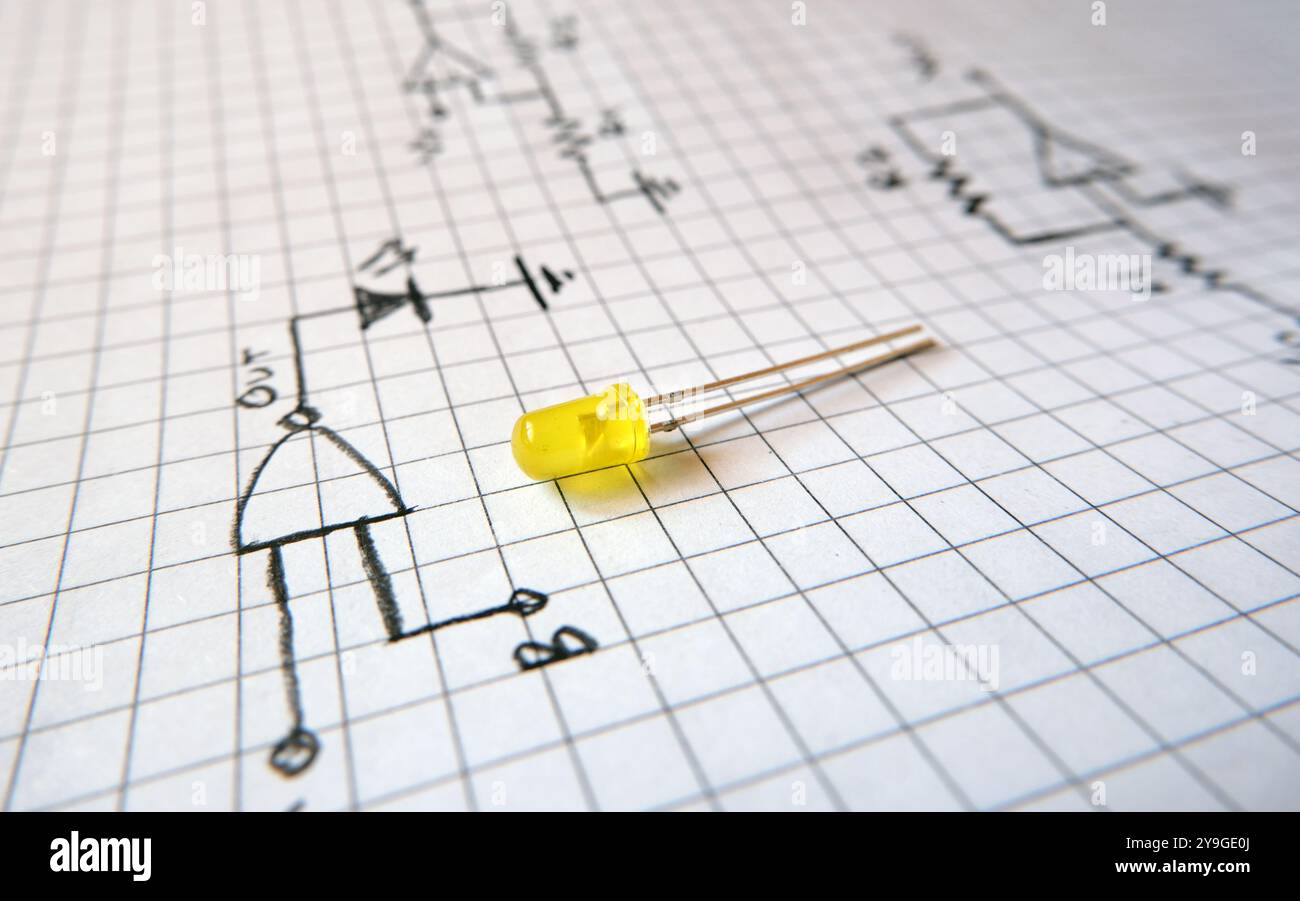 LED giallo su uno schema elettrico logico. Concetto di progetti elettronici o tecnologici digitali. Concentrata sul LED. Foto Stock