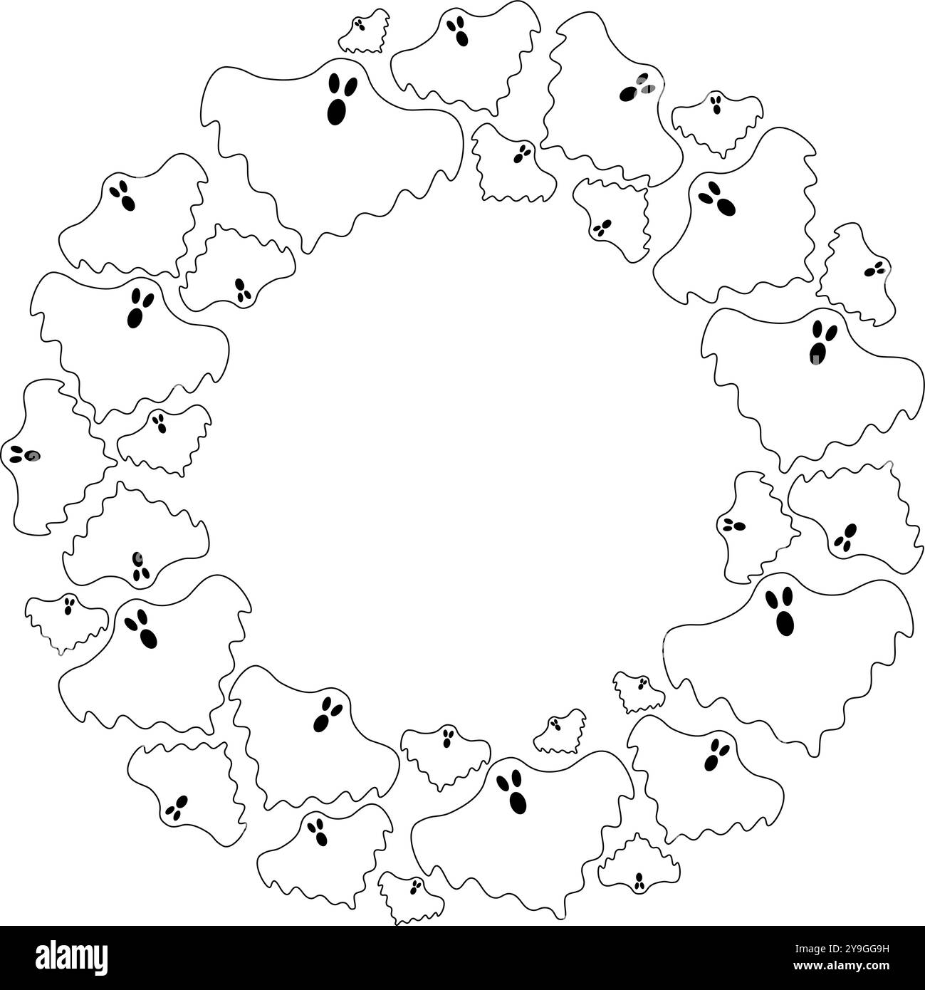 cornice rotonda di halloween con fantasmi cartoni animati con volti spaventosi. cornice bordo con sfondo bianco per la copia. biglietto d'auguri vuoto circle halloween o annuncio Illustrazione Vettoriale