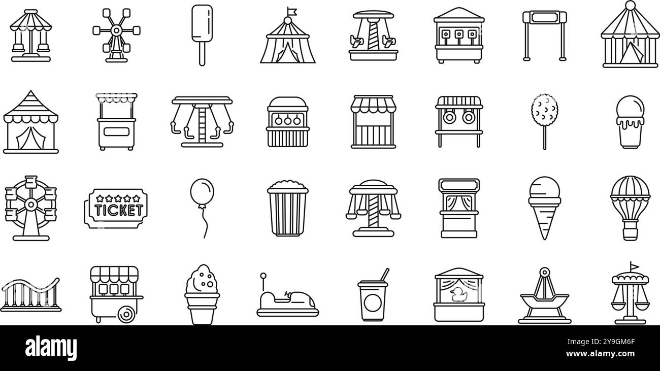 Set di icone per il divertimento. Questo set di icone presenta varie attrazioni e bancarelle gastronomiche nei parchi di divertimento, perfette per rappresentare divertimento e divertimento Illustrazione Vettoriale