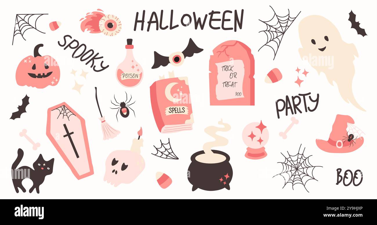 Set di elementi rosa Halloween. Decorazioni graziose con elementi magici in uno stile semplice e ingenuo. Per scrapbooking, biglietteria, invito alla festa. Illustrazione vettoriale Illustrazione Vettoriale