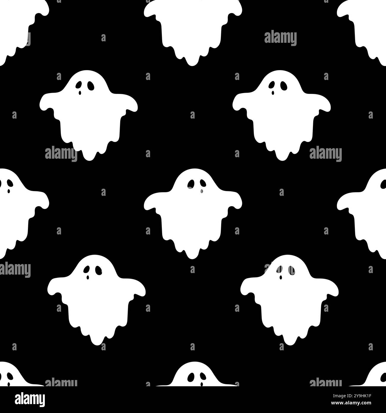 Motivi senza cuciture con simpatici fantasmi su sfondo nero. Semplice carattere spettrale. Sfondo festivo per Halloween. Illustrazione vettoriale Illustrazione Vettoriale