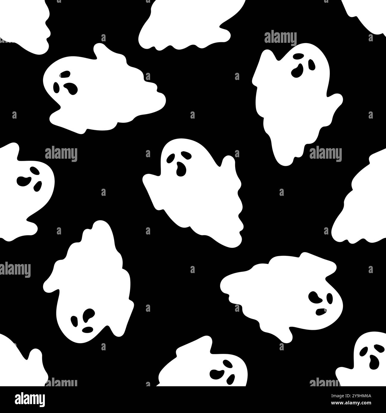 Motivi senza cuciture con simpatici fantasmi su sfondo nero. Semplice carattere spettrale. Sfondo festivo per Halloween. Illustrazione vettoriale Illustrazione Vettoriale