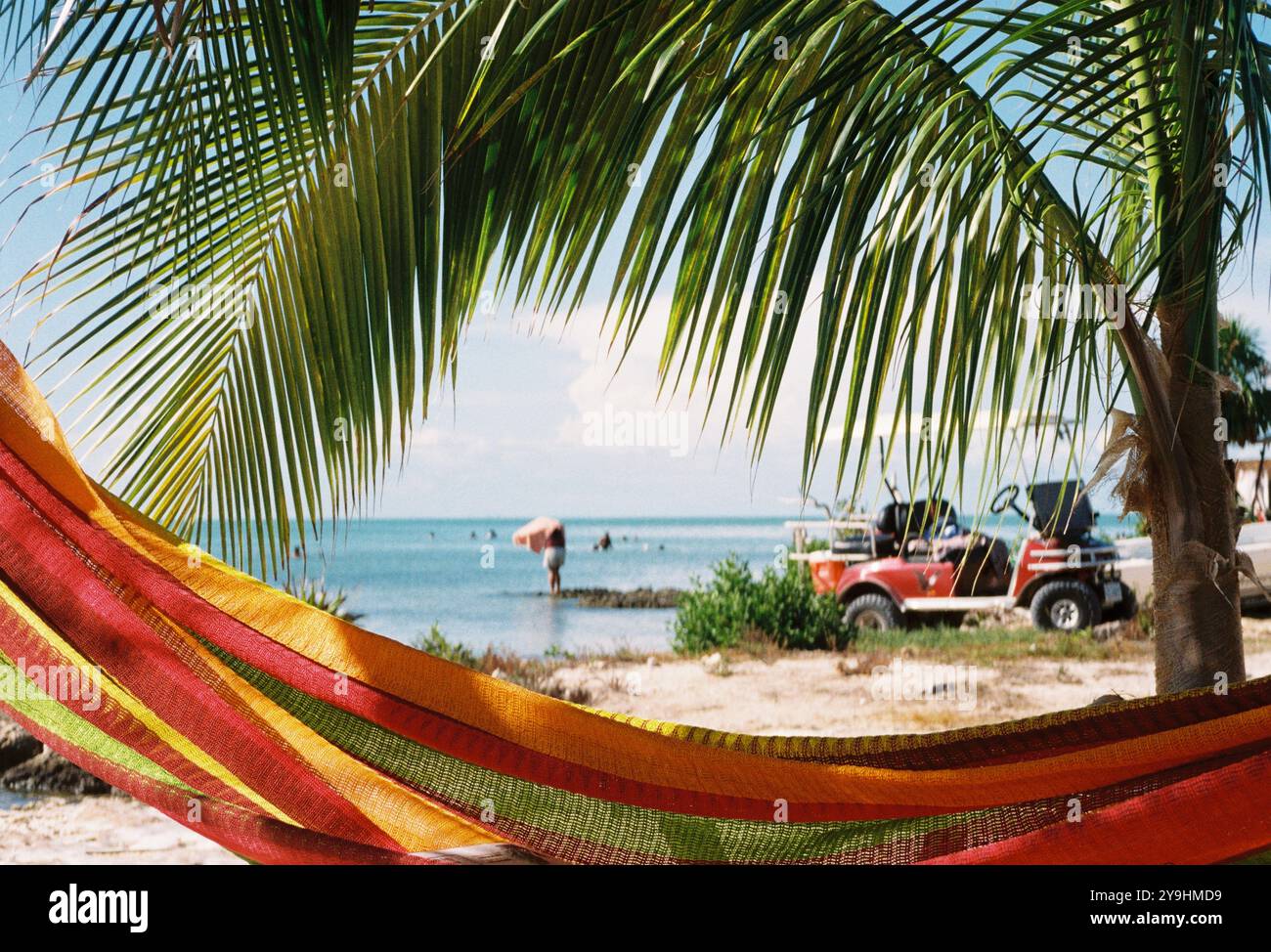Guardando verso i Caraibi su un'amaca colorata attraverso le palme Foto Stock