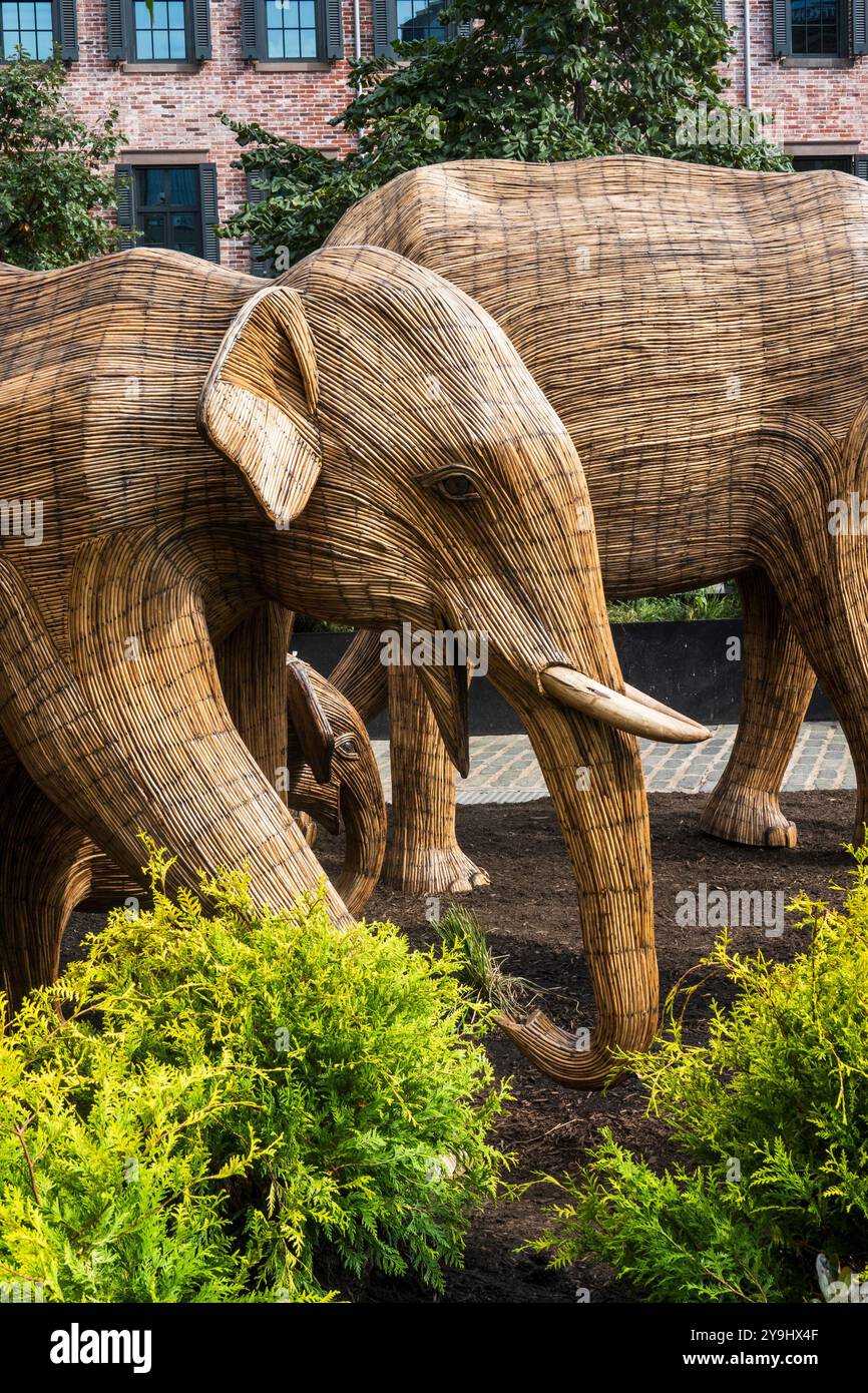 La grande migrazione degli elefanti, mostra d'arte pubblica, presenta elefanti a grandezza naturale realizzati con erbacce invasive per evidenziare progetti di conservazione in tutto il mondo, 2024, NYC, USA Foto Stock