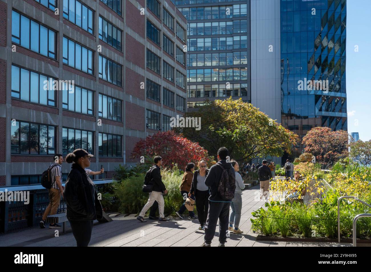 I turisti e la gente del posto apprezzano l'alta linea lungo il lato ovest di Manhattan, 2024, New York City, Stati Uniti Foto Stock
