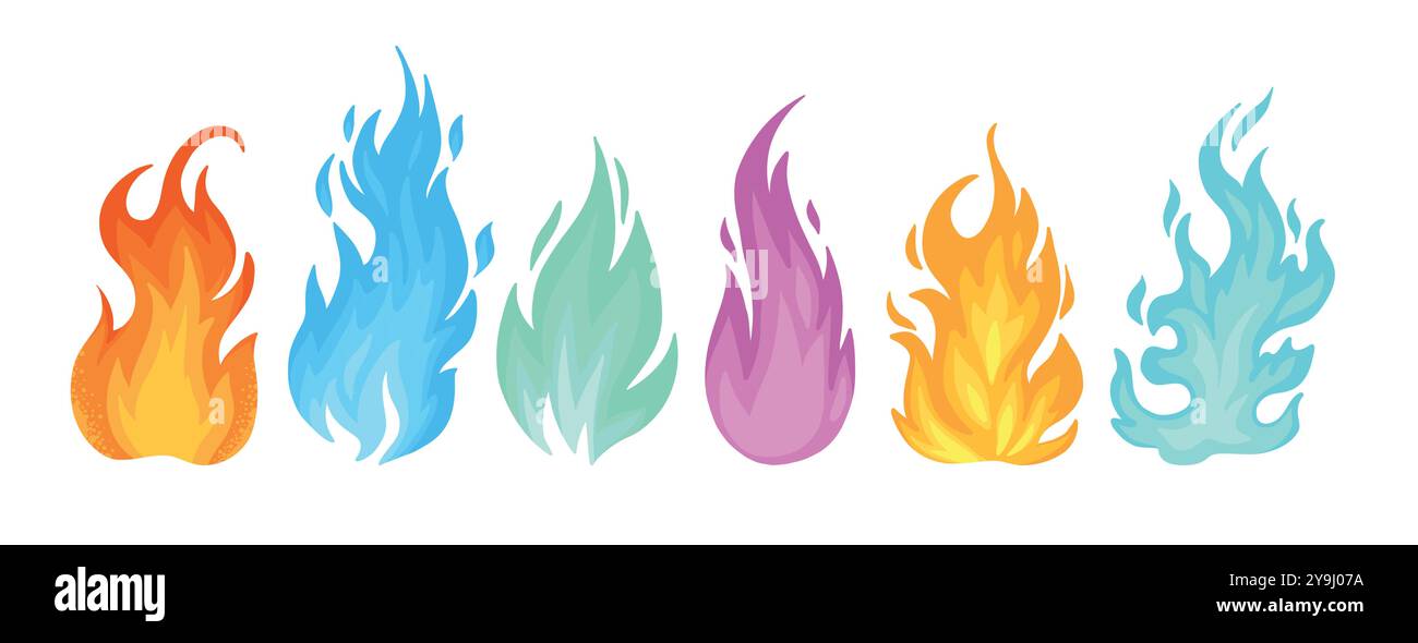 Fiamme colorate. Falò multicolore, palle di fuoco brucianti e set di illustrazioni vettoriali piatte con fiamme colorate. Fuoco dei cartoni animati sul backgrou bianco Illustrazione Vettoriale