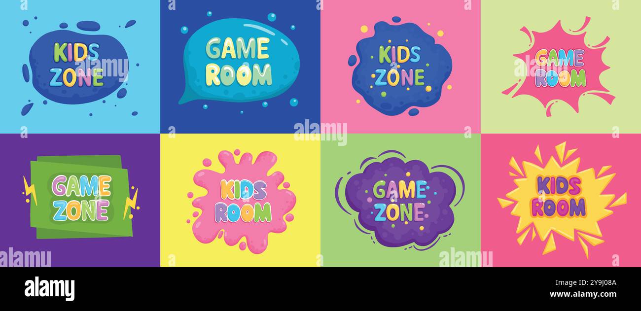 Poster per club per bambini. Area giochi con giochi, giochi per bambini e poster per area giochi. Poster del campo di intrattenimento per bambini, club della sala educativa per bambini in età prescolare Illustrazione Vettoriale