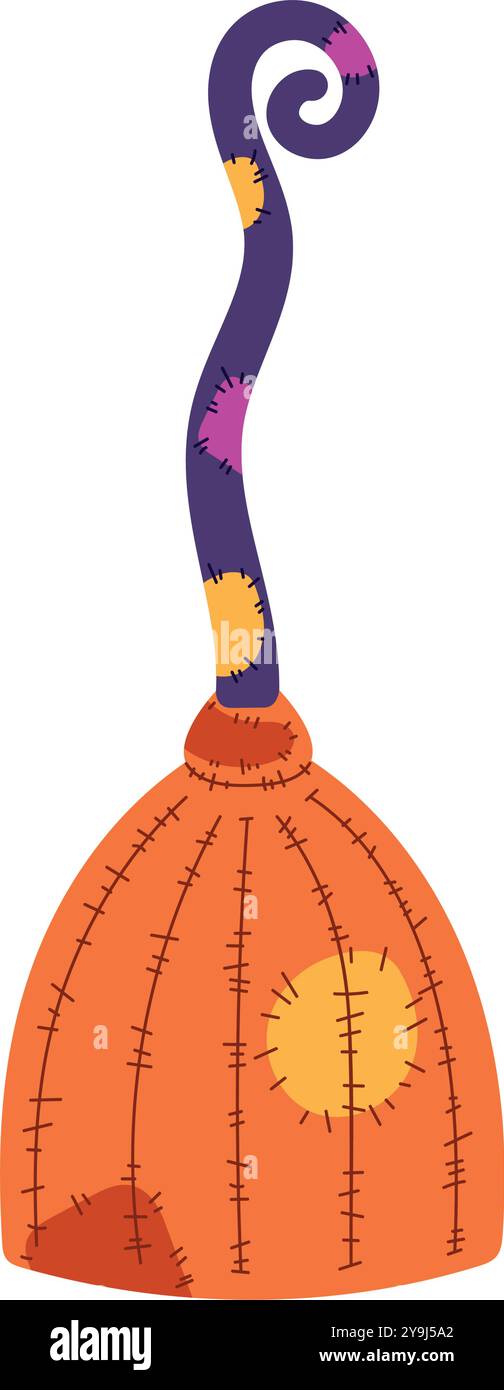 Scopa Halloween curva con patch colorate cucite, Vector Illustrazione Vettoriale