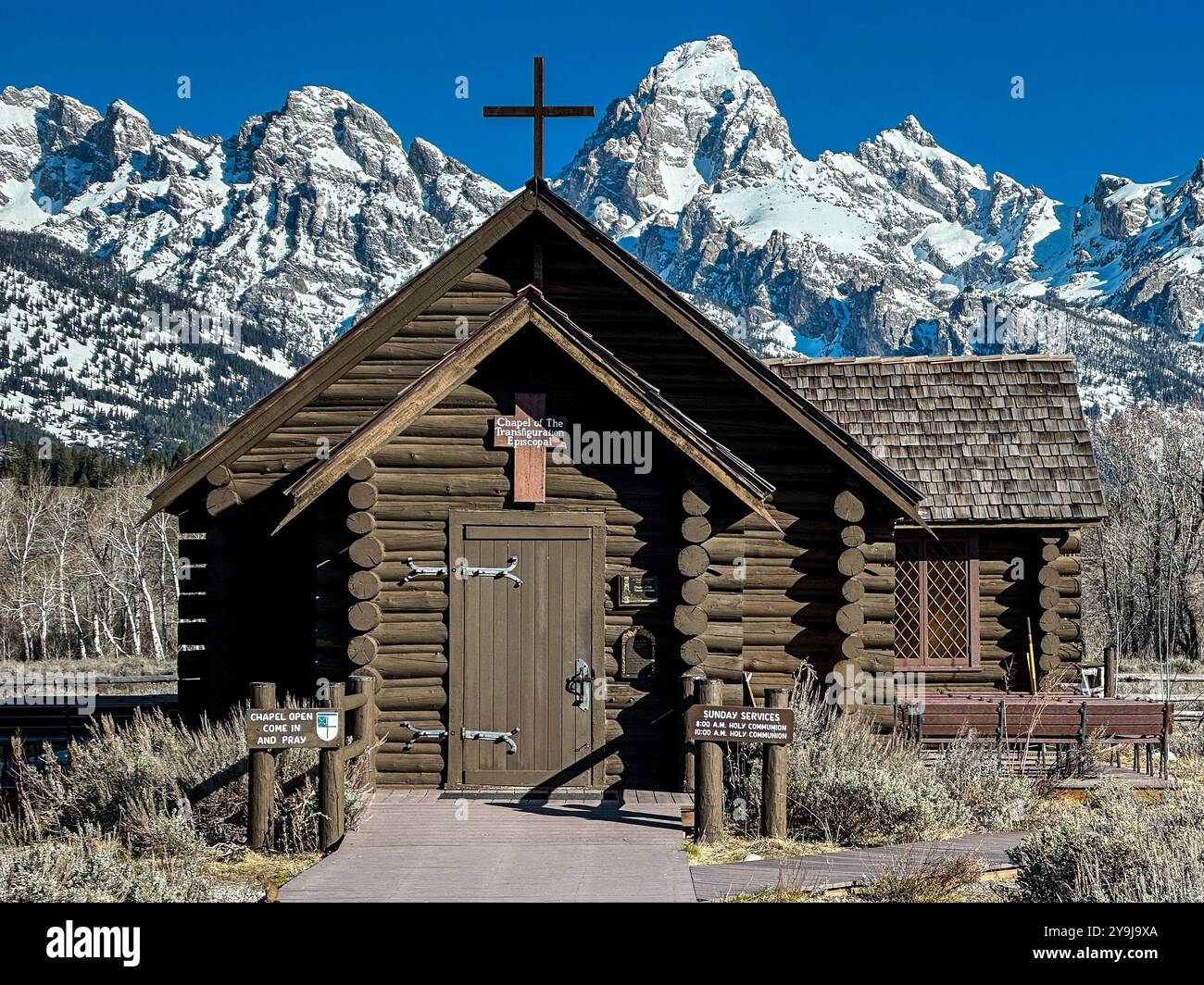 Cappella della Trasfigurazione Episcopale, Grand Teton National Park, Wyoming, Stati Uniti Foto Stock