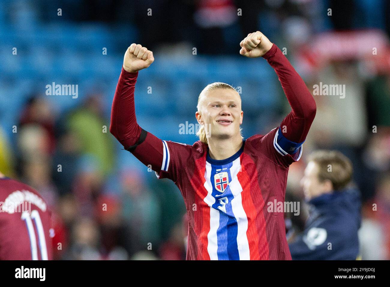 Oslo, Norvegia. 10 ottobre 2024. Oslo, Norvegia, 10 ottobre 2024: Erling Braut Haaland (9 Norvegia) festeggia dopo aver vinto la partita di calcio del gruppo B3 della UEFA Nations League tra Norvegia e Slovenia allo stadio Ullevaal di Oslo, Norvegia. (Ane Frosaker/SPP) credito: SPP Sport Press Photo. /Alamy Live News Foto Stock